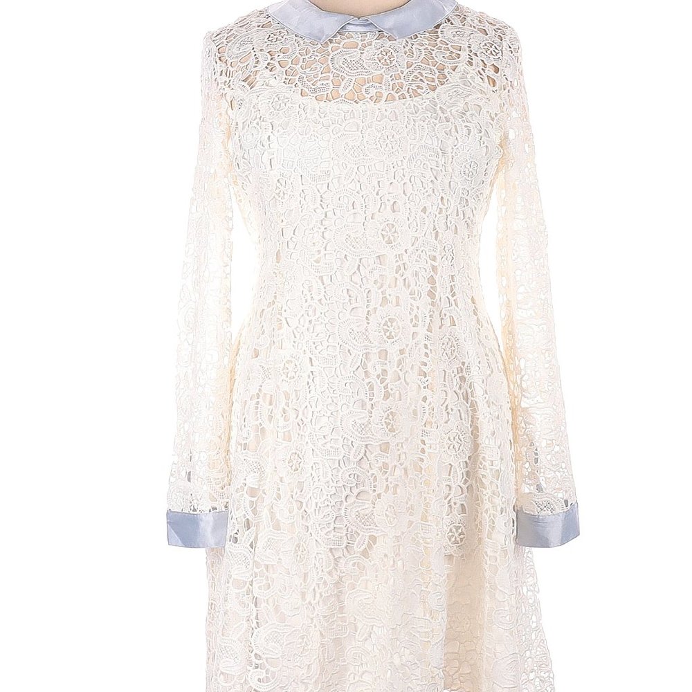 Modcloth Lace Crochet Ivory dress lined slip dress Blue-Gray Collar & Cuffs XL